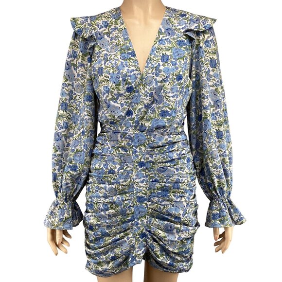 Lavish Alice Mini Dress Size 2 Floral Ruched Mini Dress Ruffled Gathered Sleeves - Picture 1 of 7